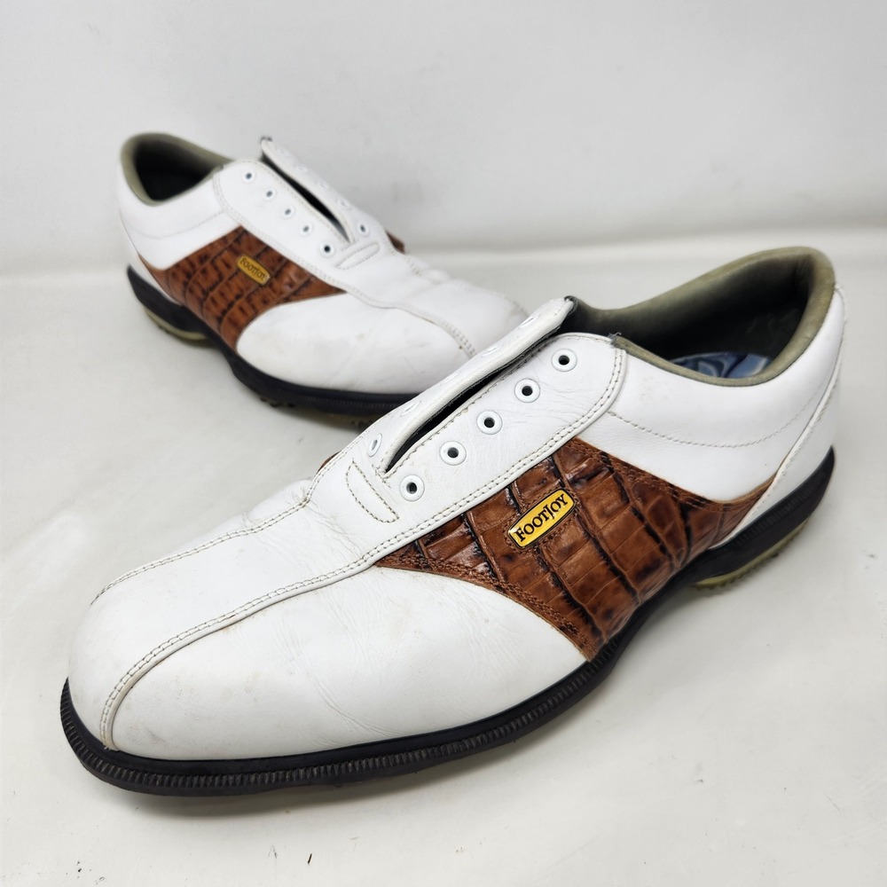 FootJoy DryJoys 53570 Mens 10 M White Brown Spiked Golf Shoes